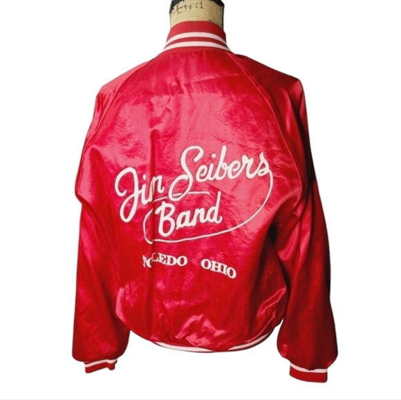 Vintage Red Nylon Bomber Jacket Jim Seibers Band Toledo Ohio - Picture 1 of 16